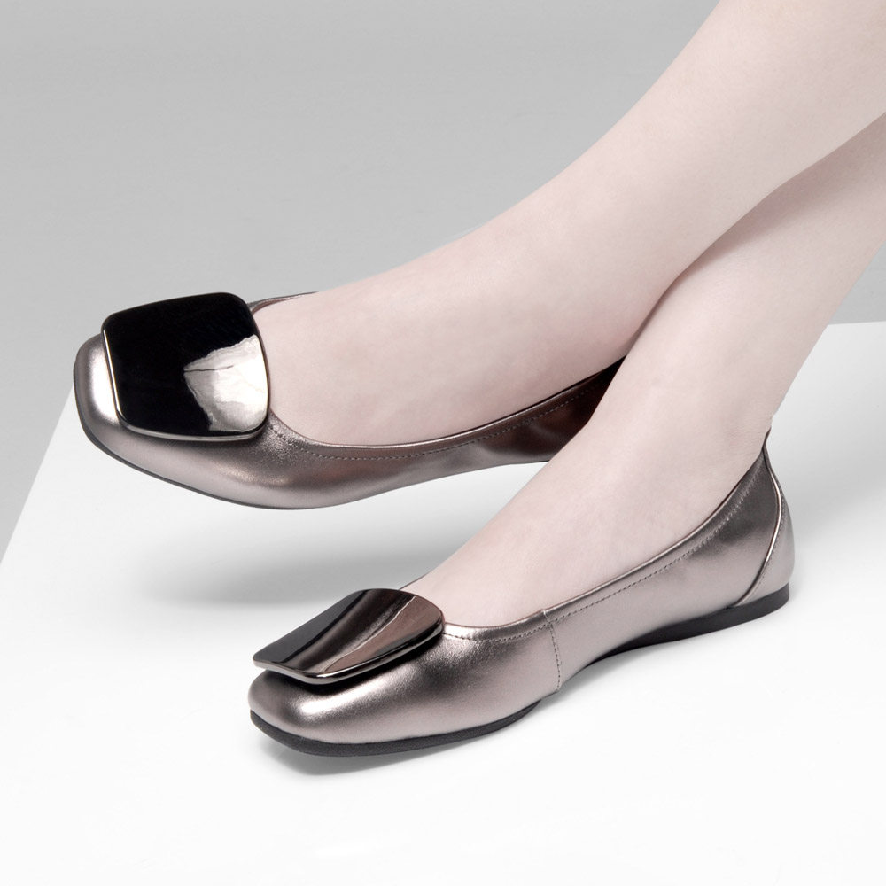 平底浅口鞋女方扣休闲单鞋春新款真皮软底鞋大码方头套脚平跟女鞋