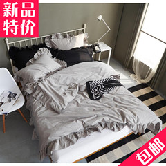 韩版简约纯色全棉四件套纯棉花边床单式春季1.8m床上用品双人被套