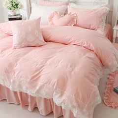纯色蕾丝床单被套床上四件套纯棉2.0m床双人全棉公主风1.8m床裙式