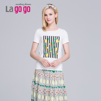 Lagogo/拉谷谷2015夏季新款修身显瘦竖条纹印花T恤EBL791D980