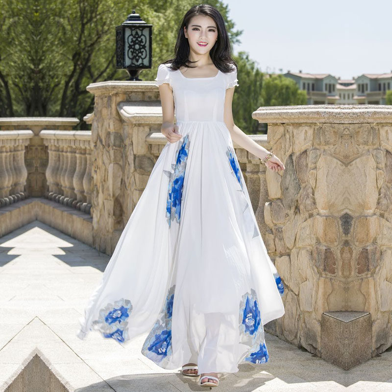 新款连体裙2020 高档印花雪纺裙波西米亚度假拖地长裙 淑女大摆裙