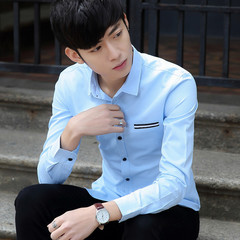 青少年夏季长袖衬衫男韩版修身男士纯色衬衣男装学生白色打底寸衫
