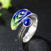 Thai natural lapis lazuli ring 925 Silver cloisonne Imperial temperament female burn blue Peacock feather ring