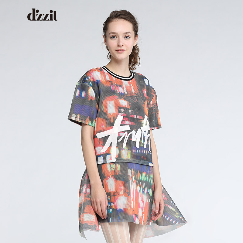 d'zzit地素 时髦霓虹印花时尚裙边装饰连衣裙 351O419产品展示图4