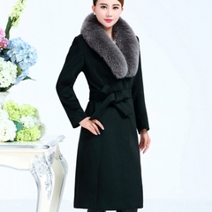 2015新款冬装羊毛呢大衣长款女修身狐狸毛领羊绒外套过膝加长风衣