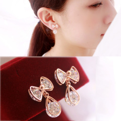 Korean version of the high-end sparkle bow drop pierced earrings ear clip-free zirconium earrings ear acupuncture