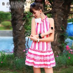 Chiffon dress big pink doll 2015 Amoi ladies pink red stripe sleeveless dress