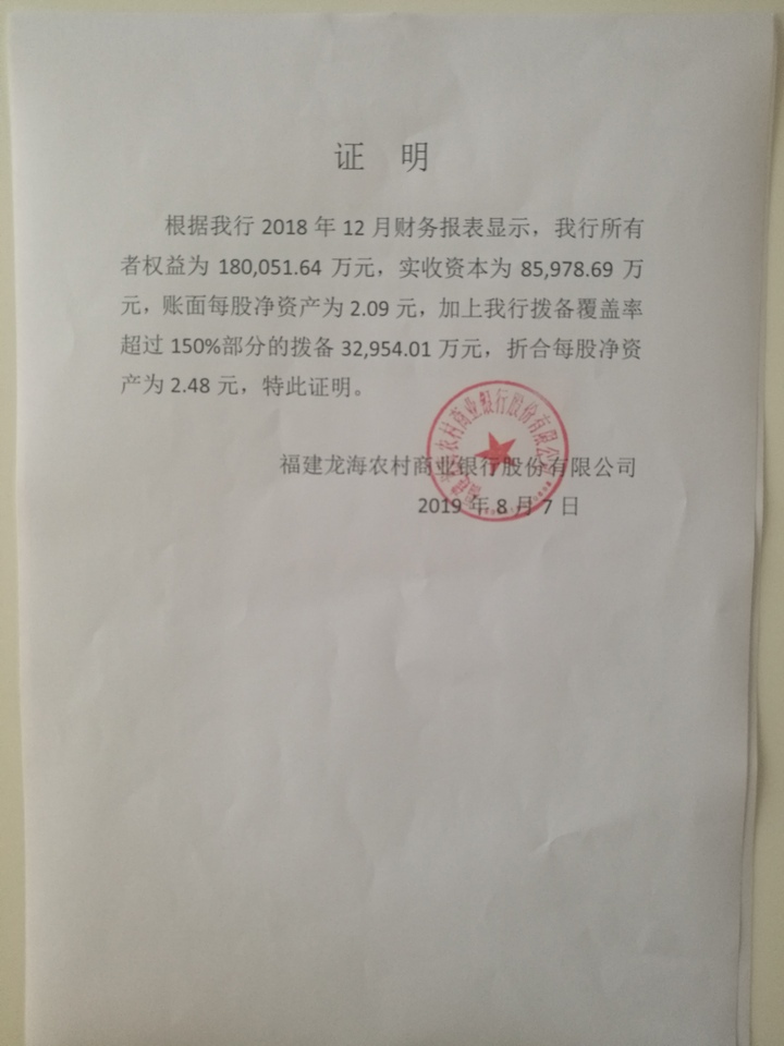 【第一次拍卖】福建龙海农村商业银行股份有限公司股金55000股