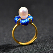 Very Thai s925 silver cloisonne large gold-plated Pearl flower ring ladies open ring