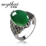 Thai Thai silver jewelry rings women''s retro green agate ring, Japan and South Korea contracted rings women silver jewelry