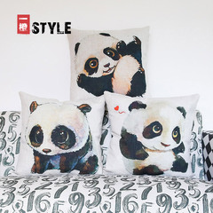 卡通田园熊猫棉麻抱枕 中式可爱沙发靠垫床头靠背办公室腰靠含芯