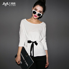 Seven space space OTHERMIX2015 new spring adjustable waist strap loose crew neck white t-shirt women