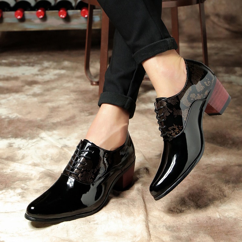 男士理发师尖头高跟鞋英伦休闲鞋男增高皮鞋发型师时尚个性亮皮鞋