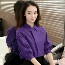 2019春夏新款韩版女装方领修身显瘦纯色五分袖打底衫百搭上衣衬衫