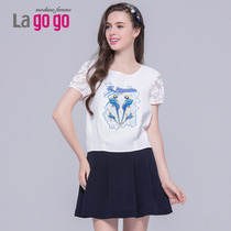 Lagogo/拉谷谷2015夏季新款动物贴布网纱褶皱T恤上衣EBA611J939