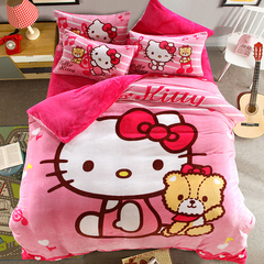 正版授权 Hello Kitty凯蒂猫加厚保暖法莱绒四件套珊瑚绒床上用品