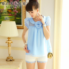 Women short sleeve shirt pink large dolls 2015 summer flower puff sleeve light blue solid shirts women