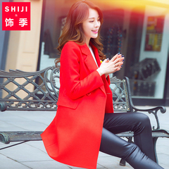 2015冬装新款女装毛呢外套女中长款加厚修身韩版女士红色妮子大衣