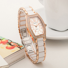 莱茵韩版专柜酒桶蓝宝石镶钻链表小表盘陶瓷时装女士品牌手表