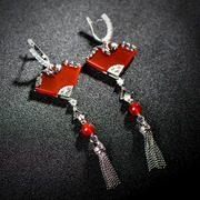 Thai Silver 925 natural red agate earrings fan Ruby China wind ethnic wind women earrings