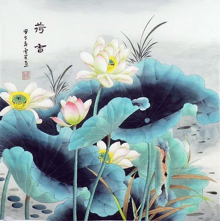 纯手绘字画热销yd071803顾雪芳四尺斗方工笔画成品花鸟画荷花