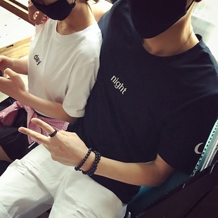missunkon旗舰店qlz情侣装夏装T恤2016新款韩范字母刺绣情侣短袖男女学生班服半袖