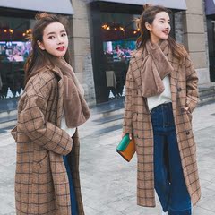 2016冬季韩版新款中长款过膝格子毛呢大衣女加厚宽松羊毛呢子外套