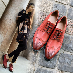 包邮MOMENTO正品新款英伦风女鞋复古平跟单鞋潮布洛克鞋真皮红色