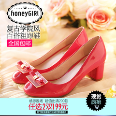 New retro shoes asakuchi spring/summer #honeyGIRL2015 side buckle bow shoes chunky heels high heels woman