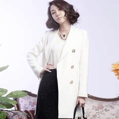 OULINE韩版修身女士小西装白色西服休闲正装 中长款双排扣外套女