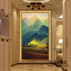 欧式手绘油画玄关客厅山水风景装饰画竖版单幅走廊风水挂画巨人山
