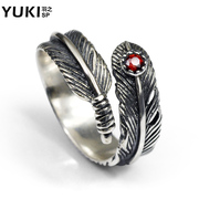 YUKI men S925 silver ring ring girl Thai silver pinky ring finger ring personality feather designs