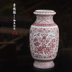 景德镇陶瓷器手绘仿古釉里红花瓶现代中式家居客厅台面工艺品摆件