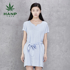 Hanp/汉麻世家衬衫亚麻短袖连衣裙 V领系带女裙短裙