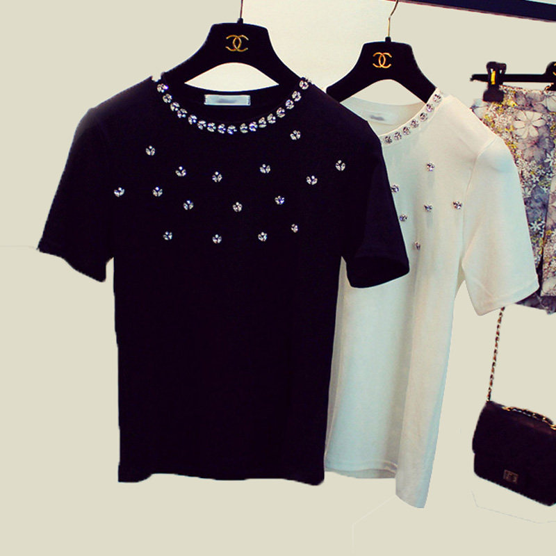2021春夏新款韩国百搭修身圆领镶钻纯棉短袖t恤女打底衫内搭上衣
