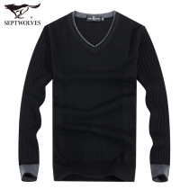 七匹狼羊毛衫 男士V领羊毛衣 2015秋装新款针织衫 男装正品 1716