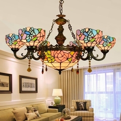 欧式田园复古创意蒂凡尼艺术玻璃多头水晶客厅吊灯玫瑰花小鸟灯具