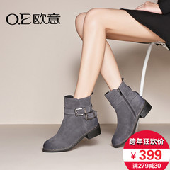OE欧意女鞋冬季新款英伦复古牛反绒短靴圆头中跟粗跟马丁靴