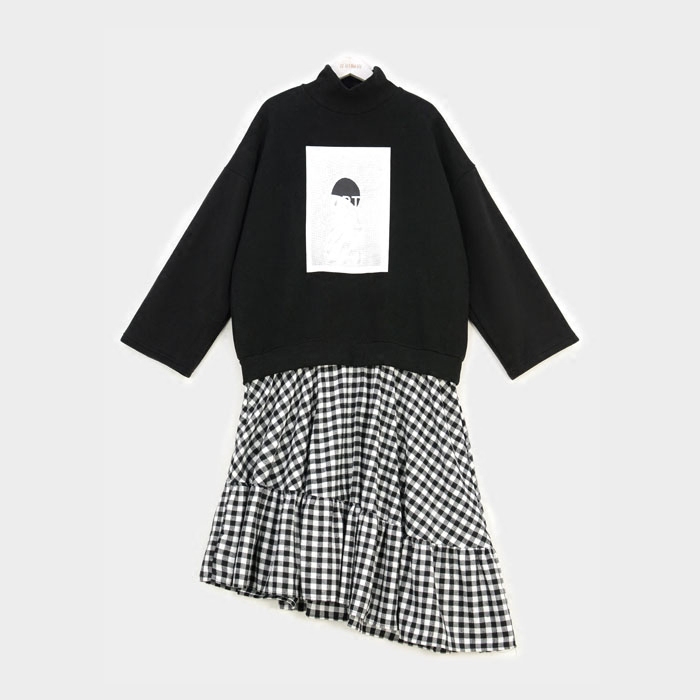 花田橱窗B495拼接格子假两件卫衣裙中长款高