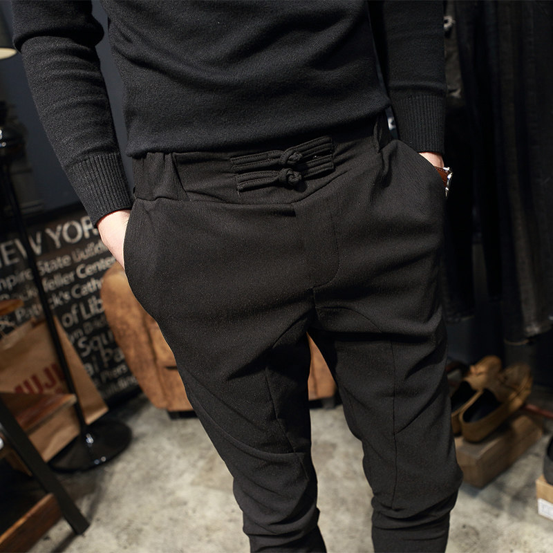 秋鼕潮流男士加絨休閑褲黑色九分褲韓版彈力修身小腳哈倫褲男長褲