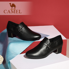 Camel骆驼女鞋OL通勤真皮简约圆头舒适粗跟深口单鞋