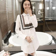 2017春装韩版白色衬衣女装中长款宽松长袖复古织带打底衬衫连衣裙