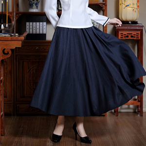 民国风女装半身裙 秋季新款复古棉麻长裙 文艺素雅亚麻裙 大摆裙