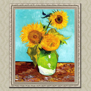 世界名画梵高凡高印象静物三朵向日葵挂画壁画装饰画实木有框画