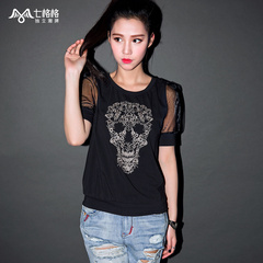 Summer of seven space space OTHERMIX2015 new skull embroidery spliced mesh short sleeve t-shirt woman