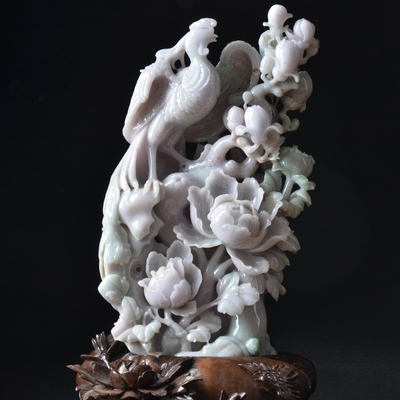 弘玉轩 顶级玉雕大师作品 凤凰牡丹精雕大摆件 缅甸老坑翡翠a货