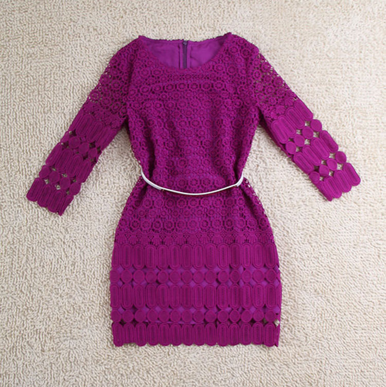 2020秋装新款时尚连衣裙 高品质高雅紫色镂空水溶蕾丝女裙 配腰带