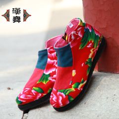 Chinese dance Chinese shoe bottom da cotton print high help shoes shoes with lateral zipper flat-bottom printing autumn flower girl