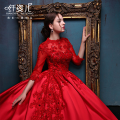 2016新款婚纱礼服复古中长袖蕾丝时尚显瘦一字肩红色小拖尾婚纱秋