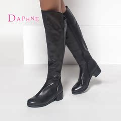 Daphne/达芙妮冬女靴 粗中跟侧拉链头层牛皮长筒靴1015605079